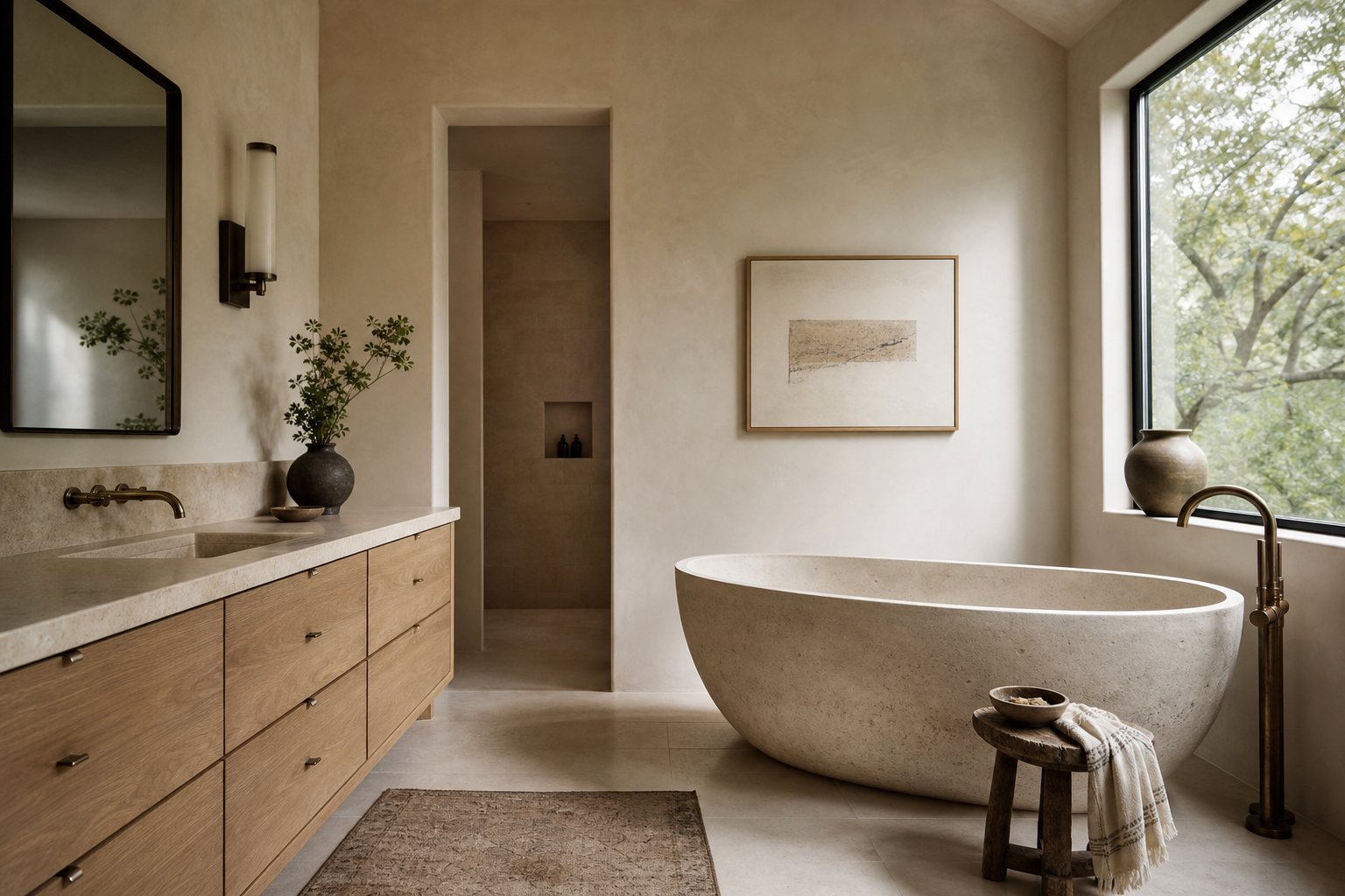 Concept image of a plaster and stone primary bathroom