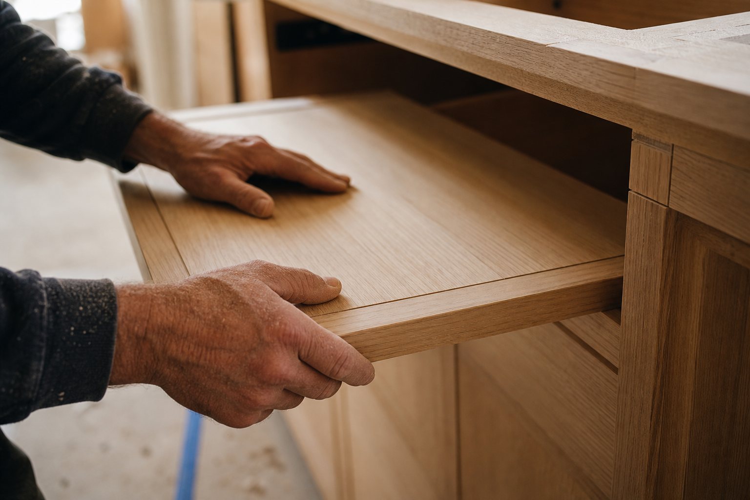 Concept image of a carpenter fitting a white oak cabinet panel