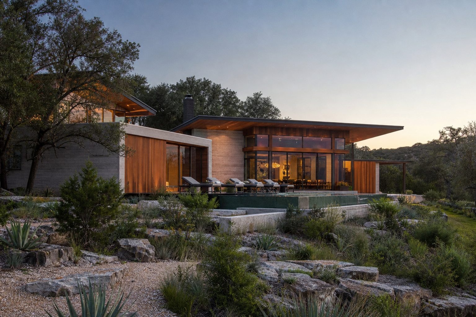 Concept image of a modern Hill Country design-build home at dusk with wood and concrete cladding