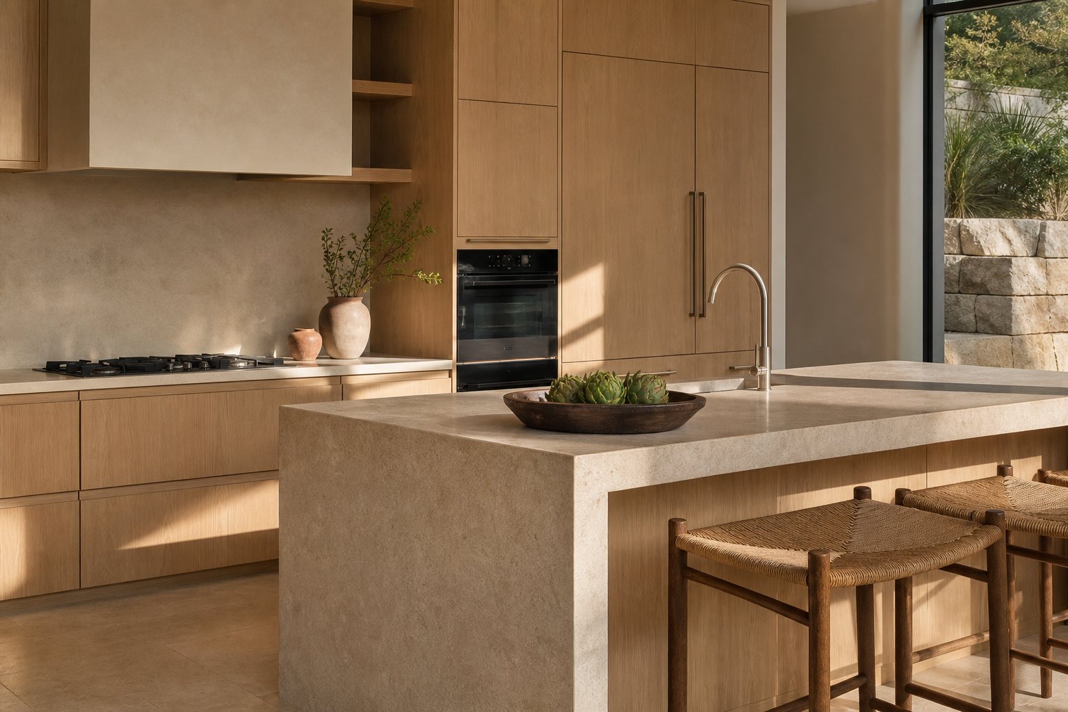Concept image of a white oak and limestone kitchen