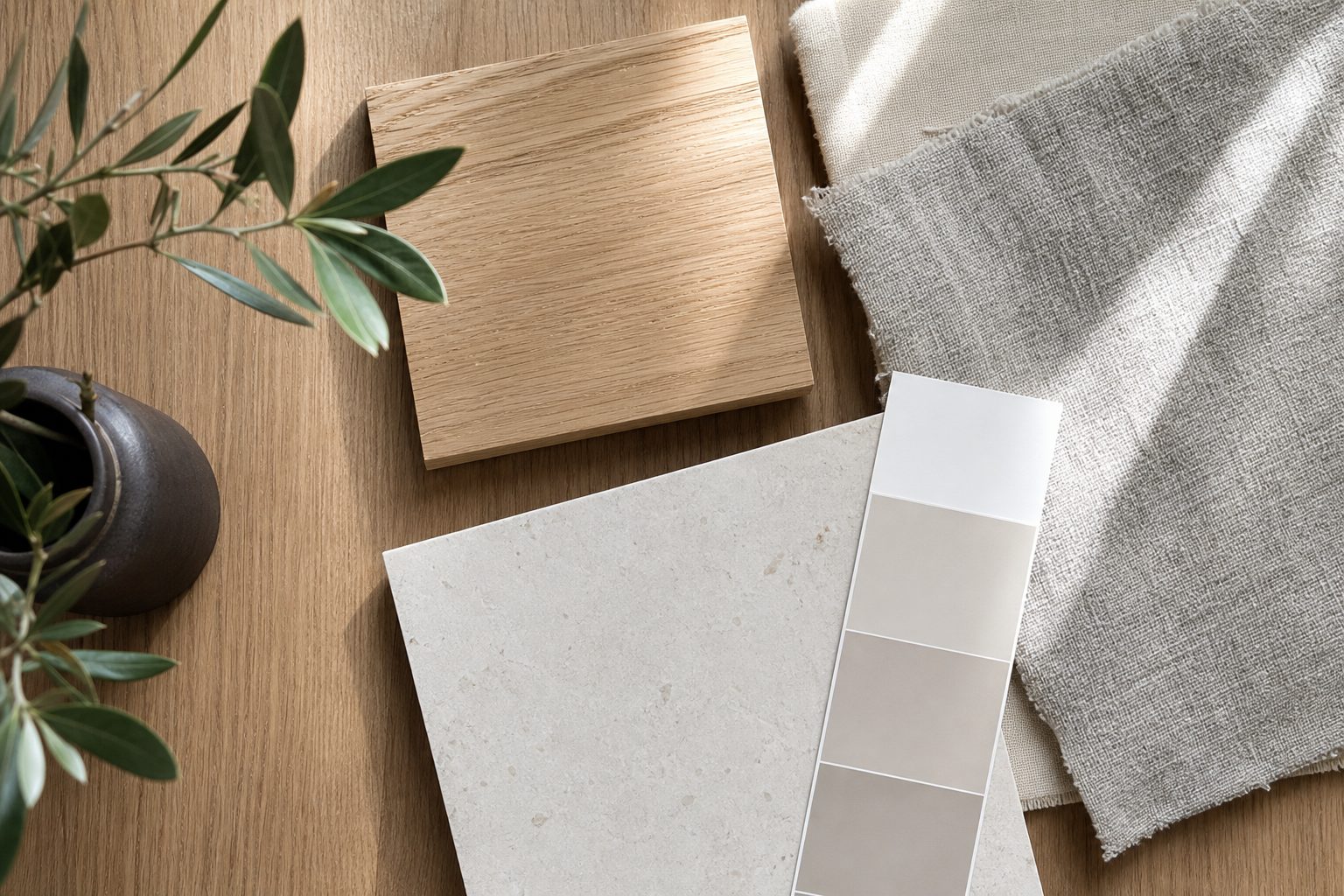 Concept photograph of wood, stone, and linen material samples