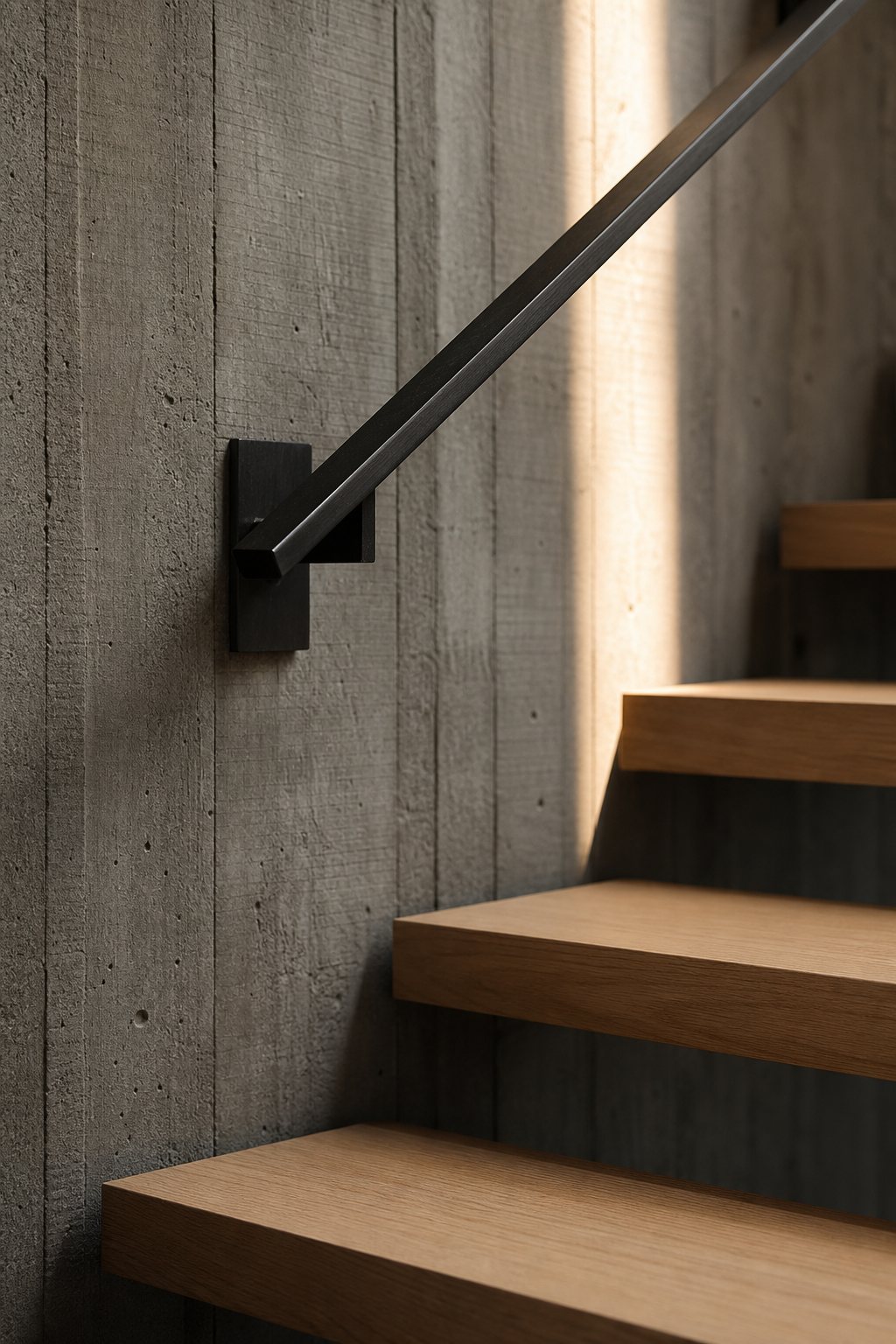 Concept image of white oak stair treads against board-formed concrete