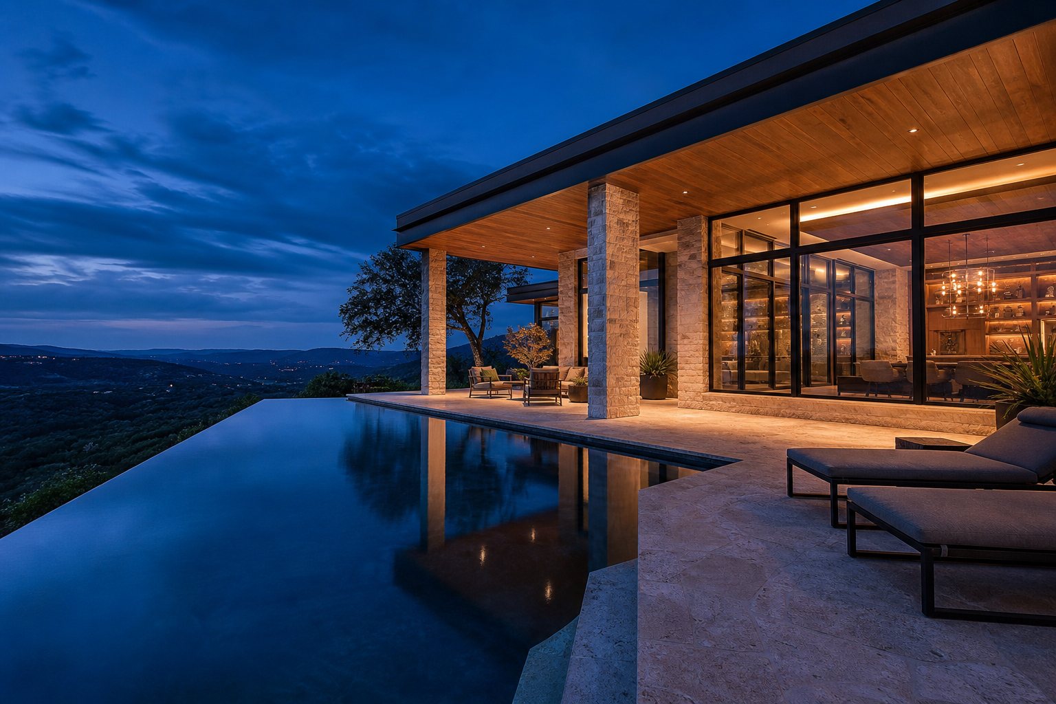 Concept image of a hill country terrace and negative edge pool at dusk